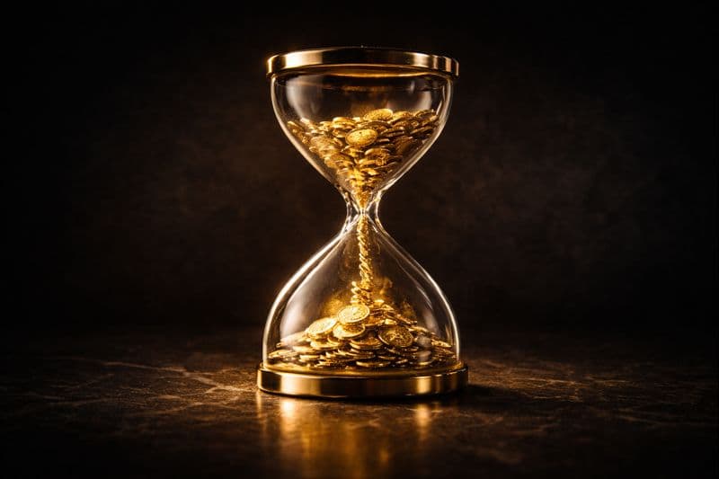 Gyllene timglas med mynt som symboliserar tid och sparande för att nå ekonomiska mål