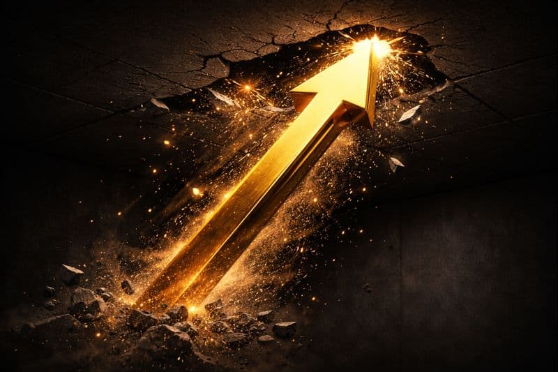 Gyllene pil som bryter igenom tak symboliserar löneökning och karriärutveckling