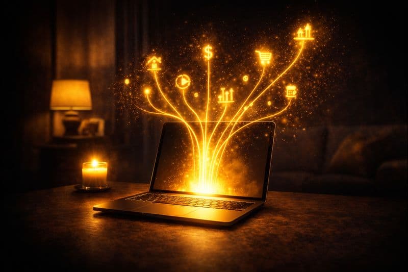 Laptop med gyllene ljus som symboliserar sidoinkomster på 10 000 kronor per månad