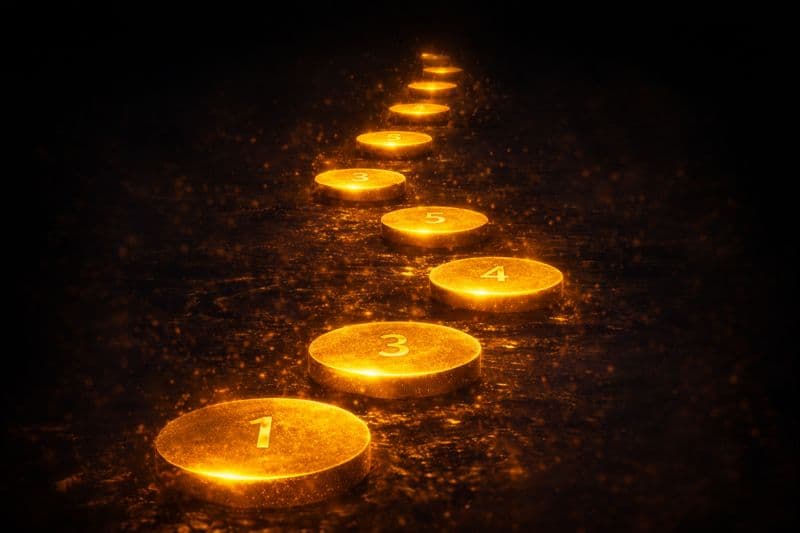 Sju gyllene steg som representerar de första sju dagarna mot ekonomisk frihet