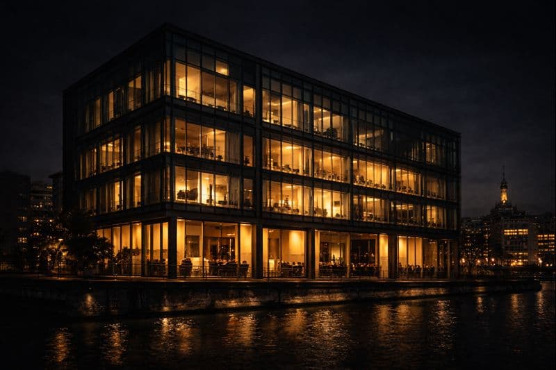 Modern svensk kontorsbyggnad på kvällen som symboliserar företagande och entreprenörskap