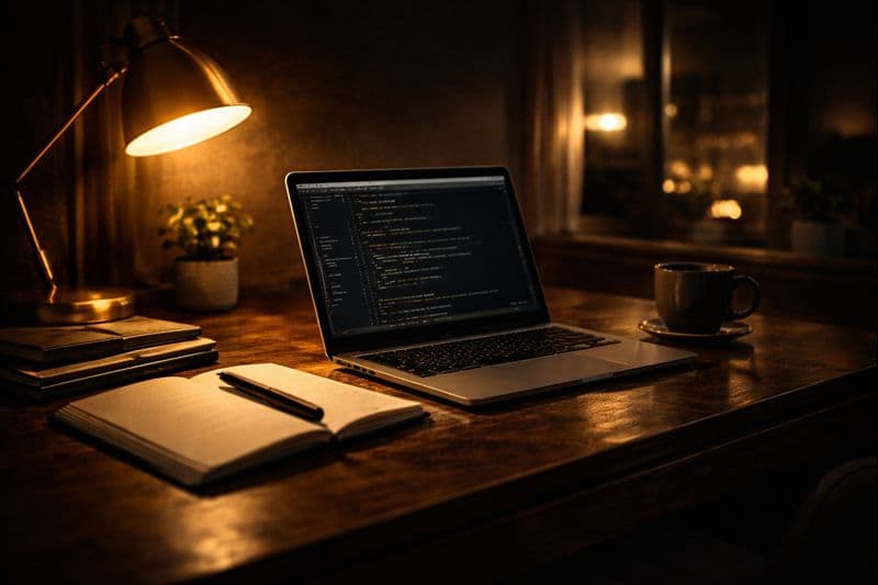 Professionell arbetsplats med finansiella verktyg och utsikt över Stockholm på kvällen